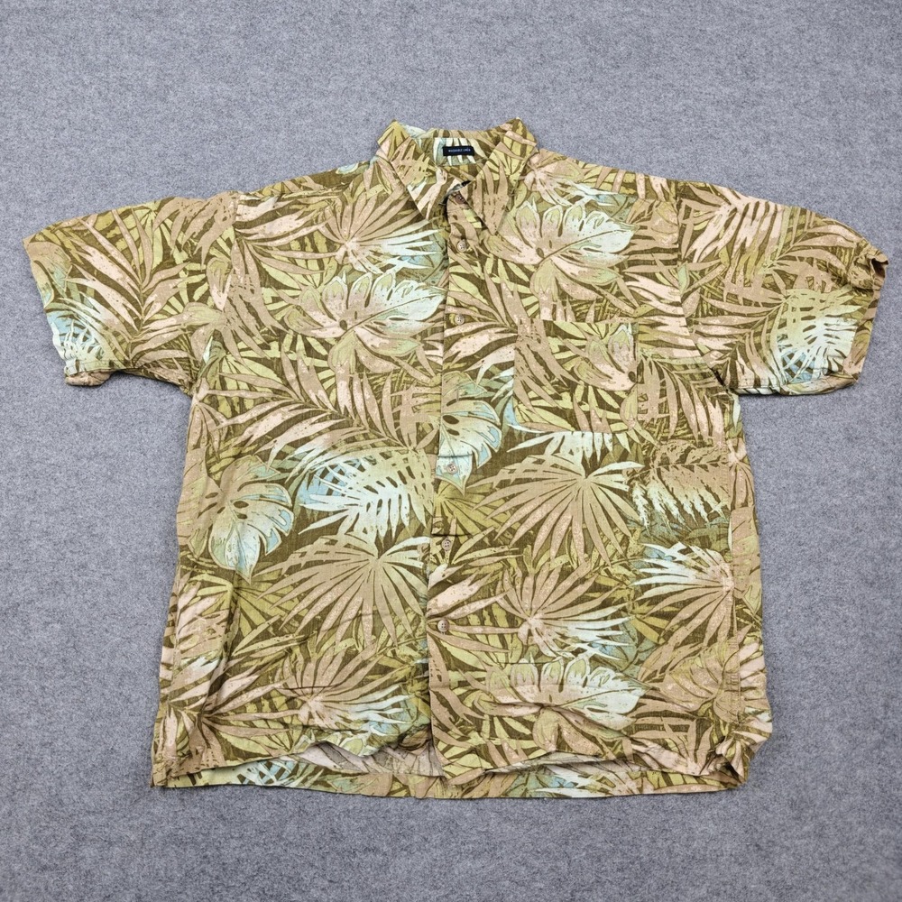 Van Heusen Studio Shirt Mens Large Green Linen Tropical Short Sleeve Button Up